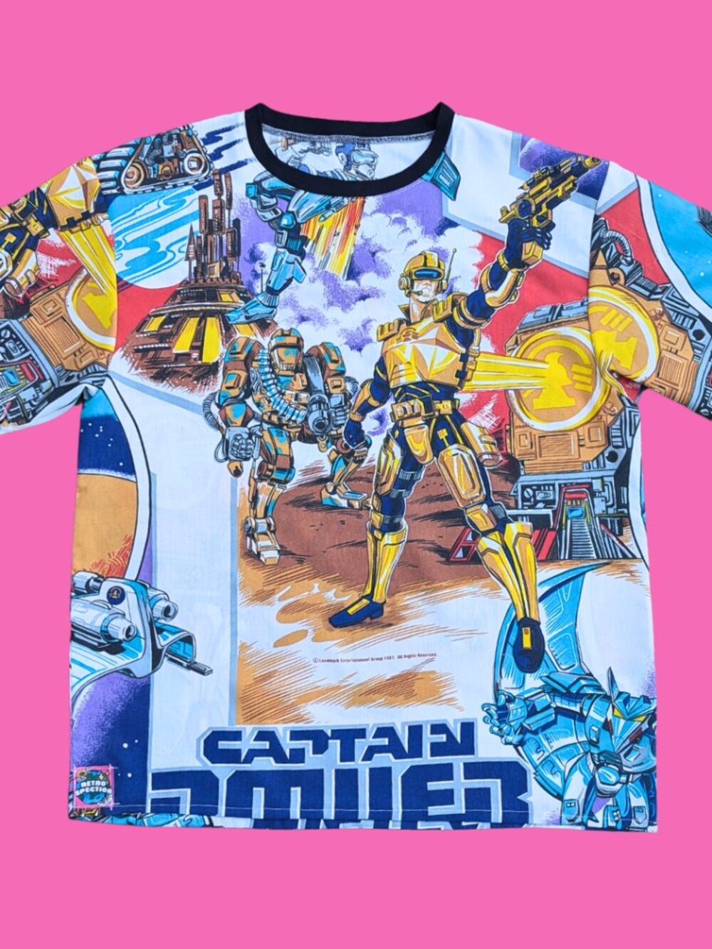 Handmade, Upcycled Captain Power Bedsheet T-Shirt Oversized S-M, Fitted L-XL